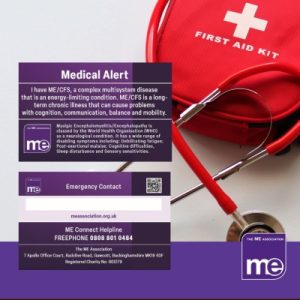 IMAGE DESCRIPTION: An image of a first aid kit with a stethoscope - with images of the Alert Cards to the left. The ME Association Logo (bottom right).