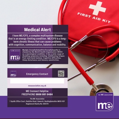 IMAGE DESCRIPTION: An image of a first aid kit with a stethoscope - with images of the Alert Cards to the left. The ME Association Logo (bottom right).