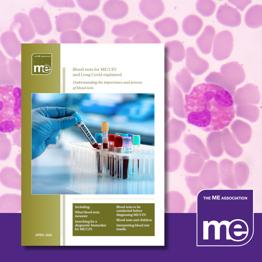 Image of blood cells under a microscope and front cover of MEA Blood Tests explained leaflet