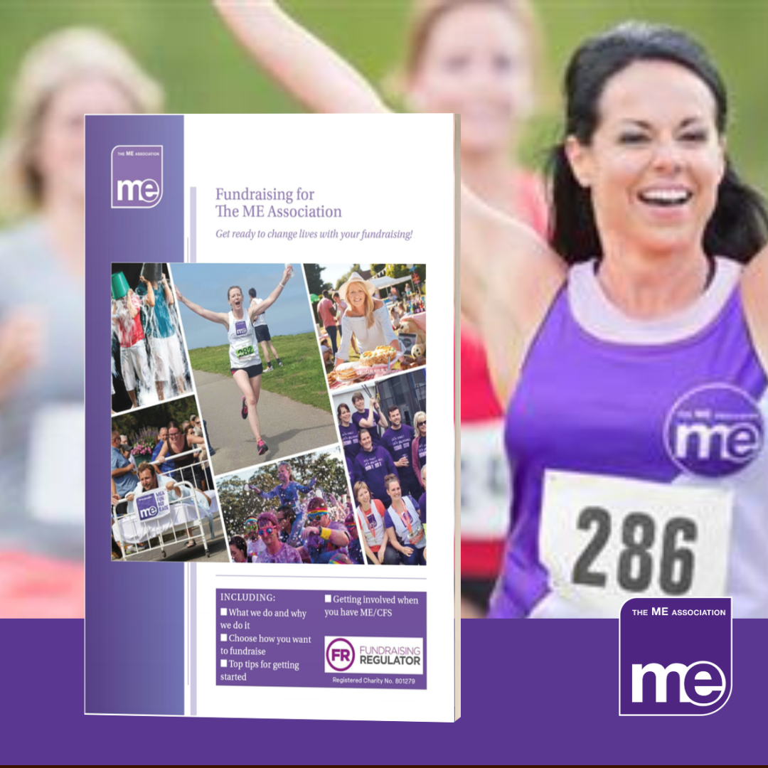 IMAGE DESCRIPTION: An image of a lady running in a marathon fundraising for the MEA! - with the cover of the booklet on the left hand side. The ME Association Logo (bottom right).