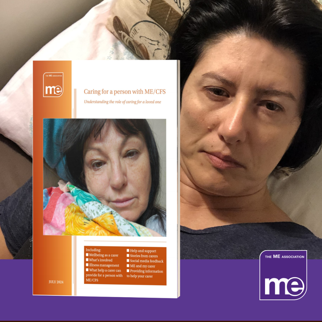 IMAGE DESCRIPTION: An image of a lady with ME/CFS from our library of Real ME images (i.e. Real people with ME/CFS) and the front cover of the newly updated booklet. The ME Association Logo (bottom right).