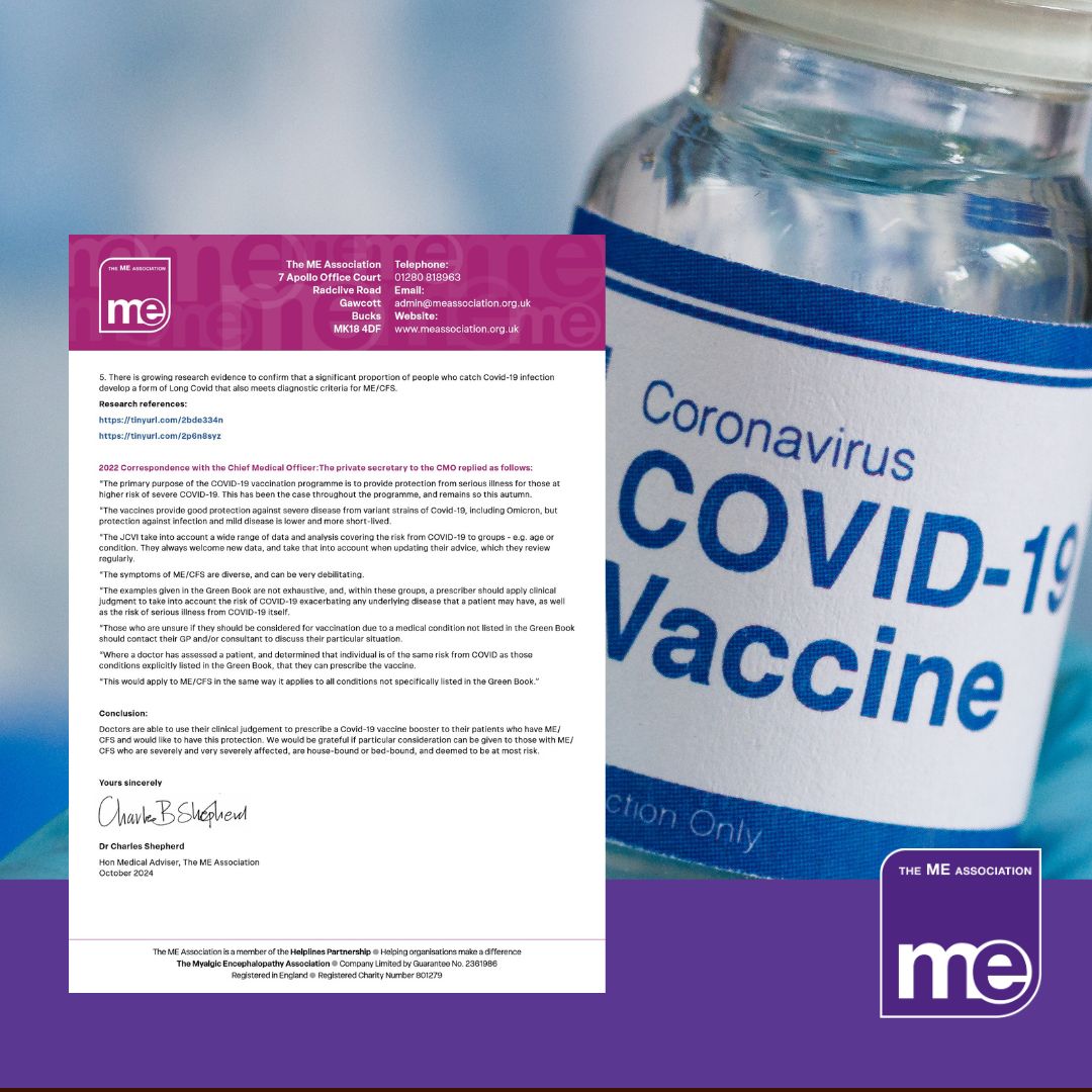 IMAGE DESCRIPTION: An image of a vial of Covid 19 vaccination with the letter on the left hand side. The ME Association Logo (bottom right)