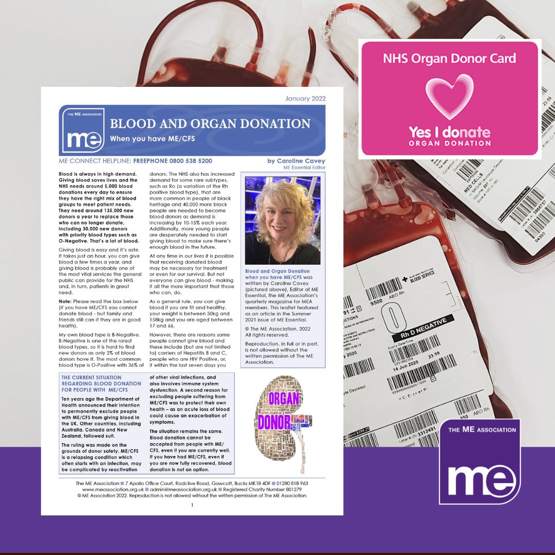 IMAGE DESCRIPTION: A image of three bags of donated blood and an image of the Organ Donation Card. With an overlay of the first page of the leaflet (bottom left) and the ME Association logo (bottom right).