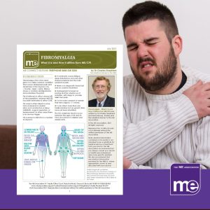 IMAGE DESCRIPTION: An image of a man experiencing chronic pain. With an overlay of an image of the first page of the leaflet (bottom left) and the ME Association logo (bottom right).