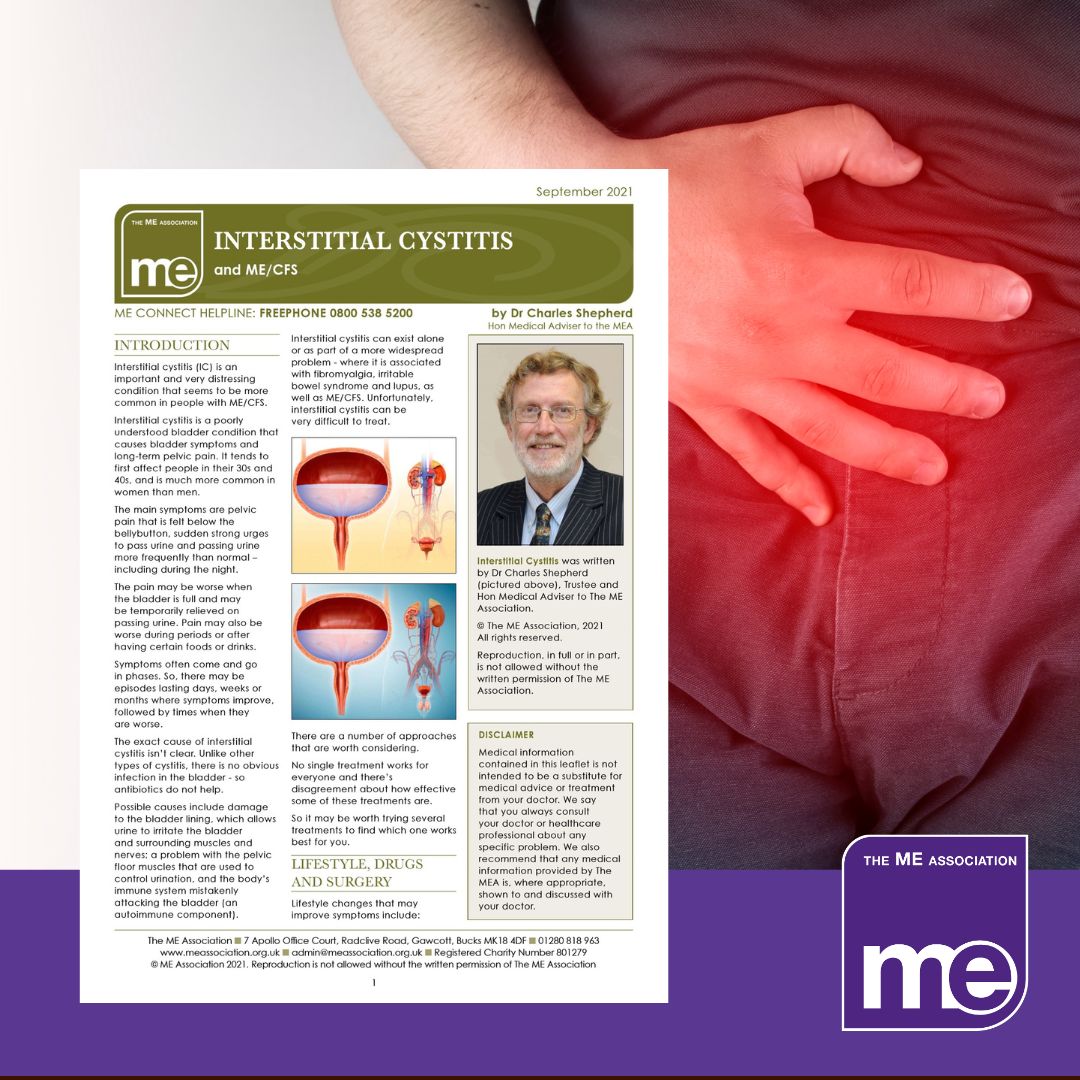 IMAGE DESCRIPTION: An image of a person holding their hands on the pelvic region with a red spot to represent bladder pain. With an overlay of the first page of the leaflet (bottom left) and the ME Association logo (bottom right).