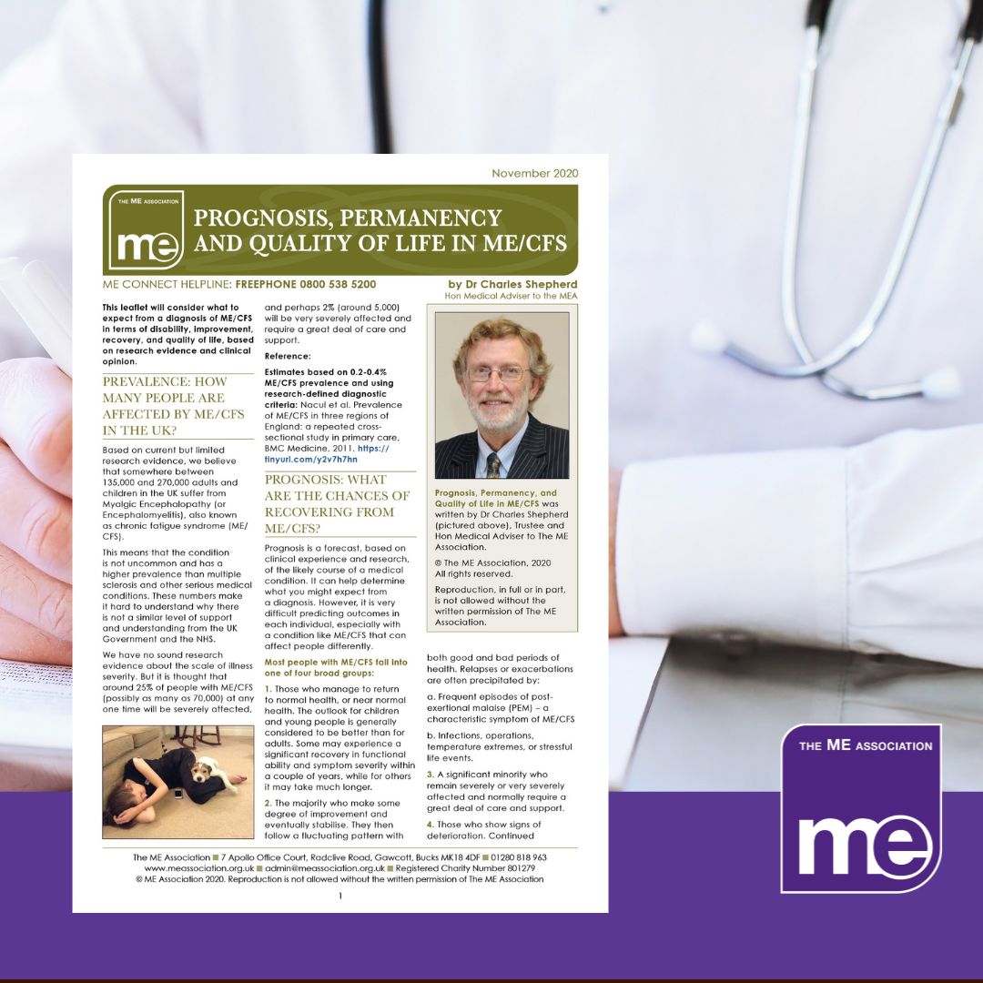 IMAGE DESCRIPTION: A doctor talking to a person about prognosis of ME/CFS. With an overlay of the first page of the leaflet (bottom left) and the ME Association logo (bottom right).