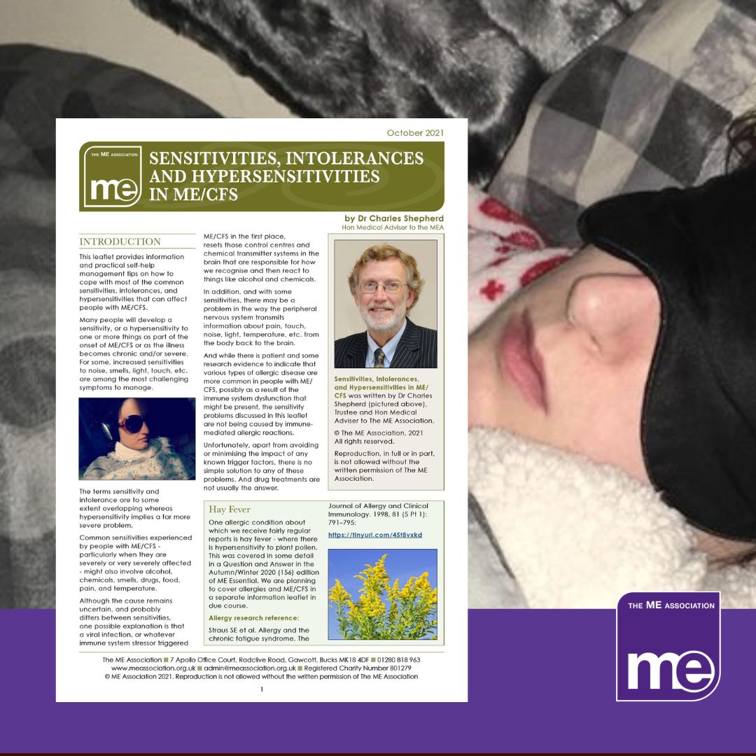 IMAGE DESCRIPTION: An image of a person with ME with an eye mask on due to light sensitivity. With an overlay of an image of the first page of the leaflet (bottom left) and the ME Association logo (bottom right).