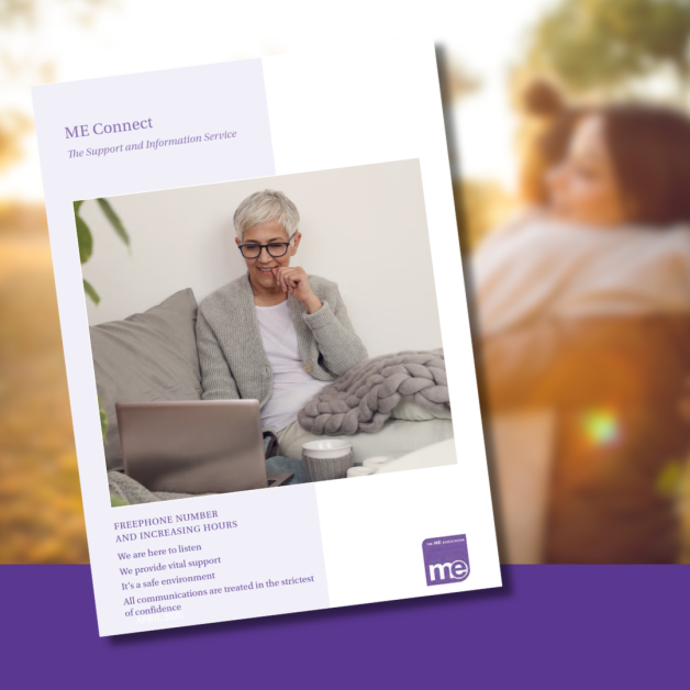 ME Connect leaflet cover showing a lady on a phone and two people having a hug
