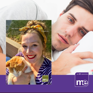 IMAGE DESCRIPTION: A man ill in bed to represent having ME/CFS with the cover of the booklet on left hand side. The ME Association Logo (bottom right)