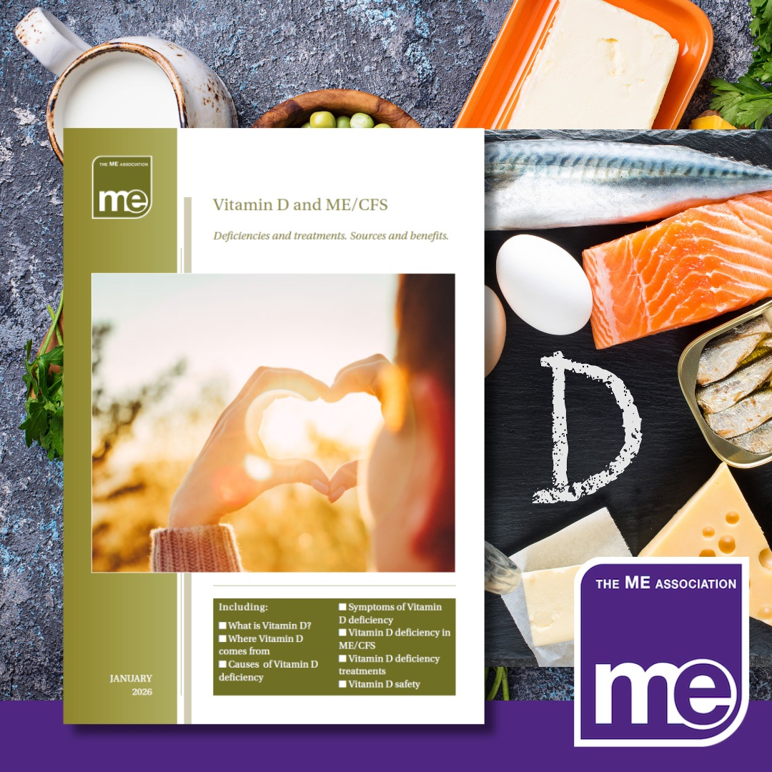 An image of many foods that are a good source of Vitamin D. With an overlay of an image of the first page of the leaflet