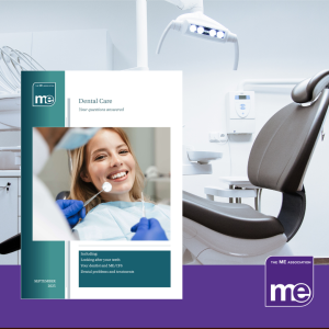 IMAGE DESCRIPTION: An image of a dentists chair with the cover of the booklet on left-hand side. The ME Association Logo (bottom right)
