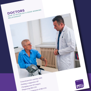 Leaflet cover with image of a man at a doctors appointment talking with the doctor