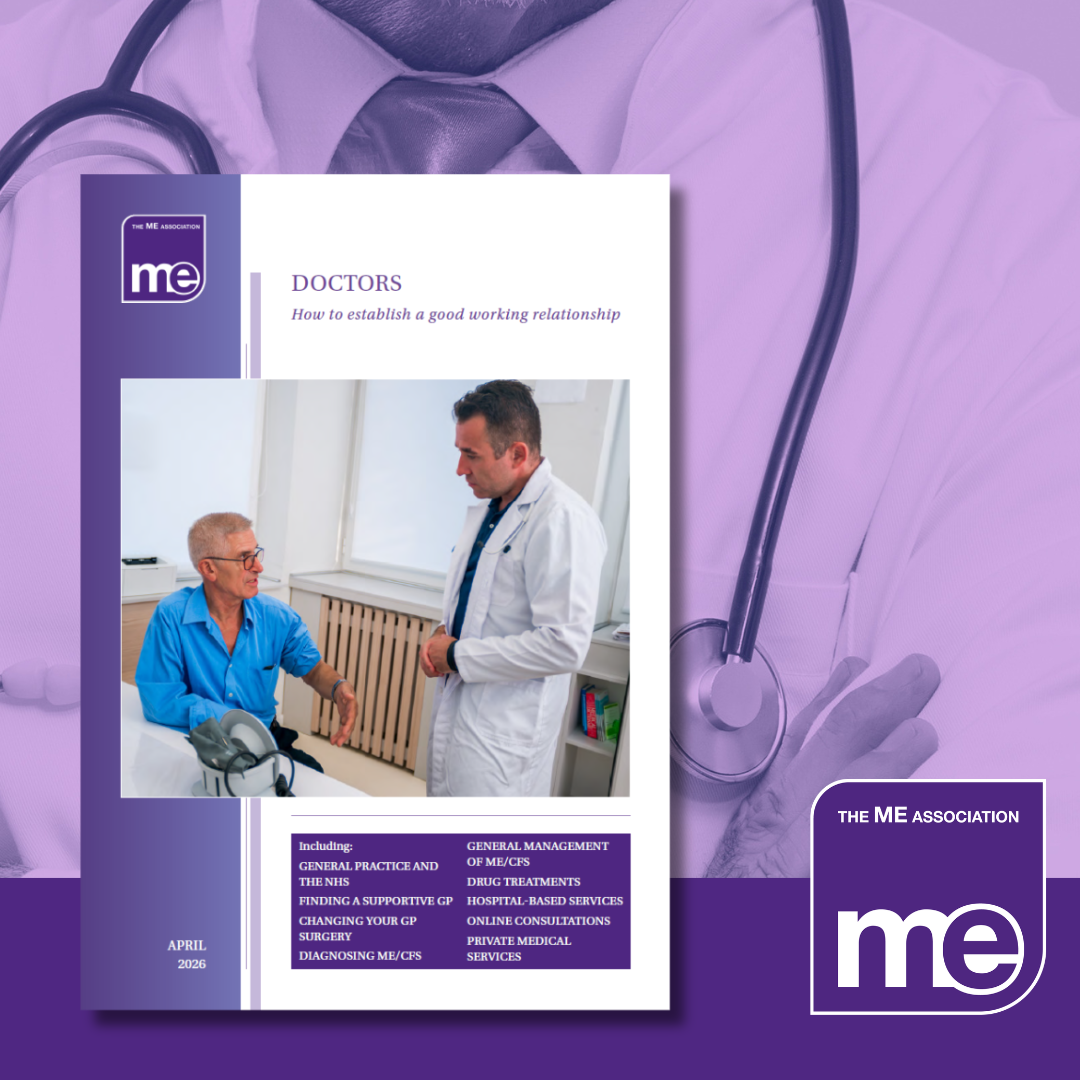 A doctor talking to a patient, with an overlay of an image of the first page of the leaflet and the MEA logo
