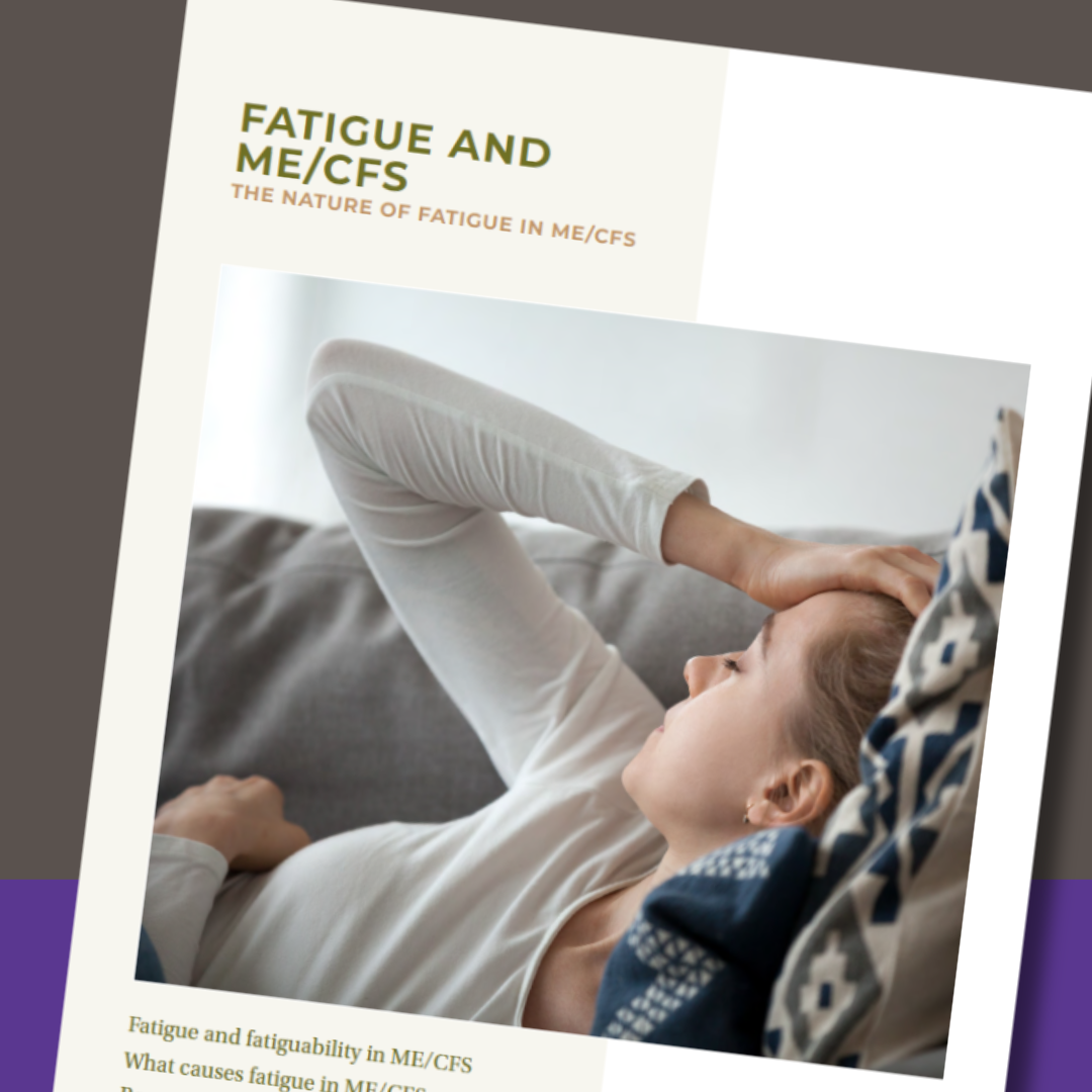 Fatigue and ME/CFS leaflet cover with image of girl very fatigued and lying down
