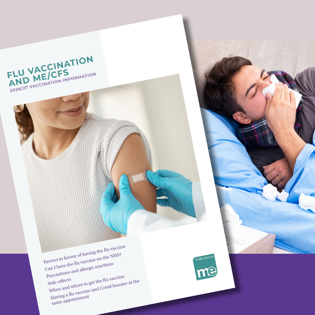 a man with flu lying in bed blowing his nose, and the MEA document about flu vaccinations for 2026-2027