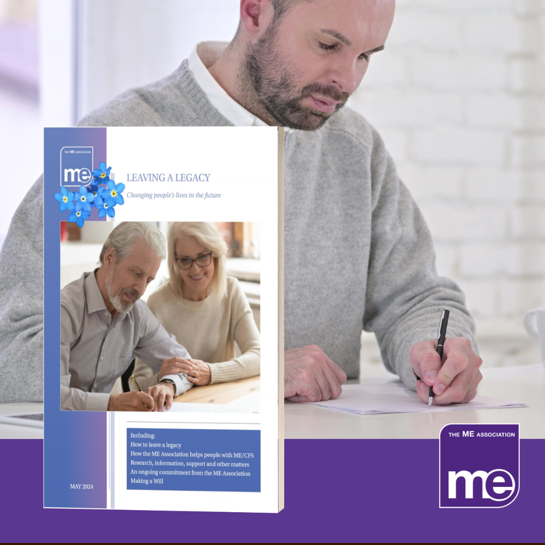 IMAGE DESCRIPTION: An image of a man signing a form with the cover of the booklet, Leaving a Legacy. The ME Association Logo (bottom right).