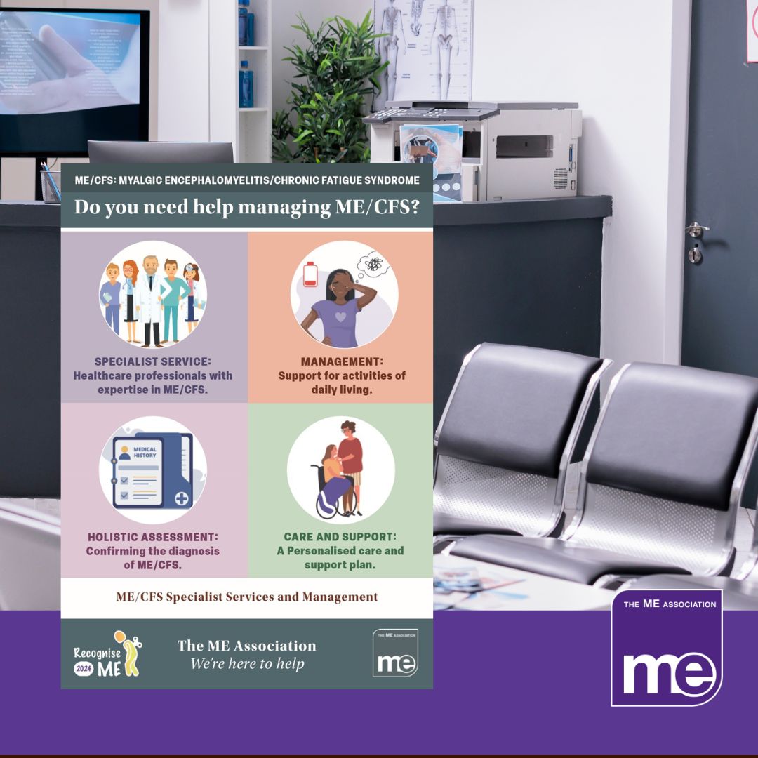 IMAGE DESCRIPTION: An image of a GP practice waiting room with the reception and a plasma screen. With a copy of the first page of the leaflet on the left hand side. The ME Association Logo (bottom right)