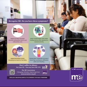 IMAGE DESCRIPTION: An image of people in a waiting room with a copy of the poster on the left hand side. The ME Association Logo (bottom right)