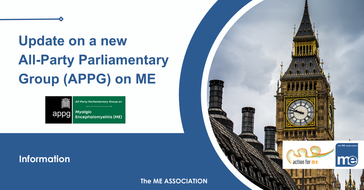 IMAGE DESCRIPTION: Image of the Houses of Parliament. Wording - News/Research; Update on a new All-Party Parliamentary Group (APPG) on ME. Logos for ME Association, Action For M.E and APPG (bottom right)