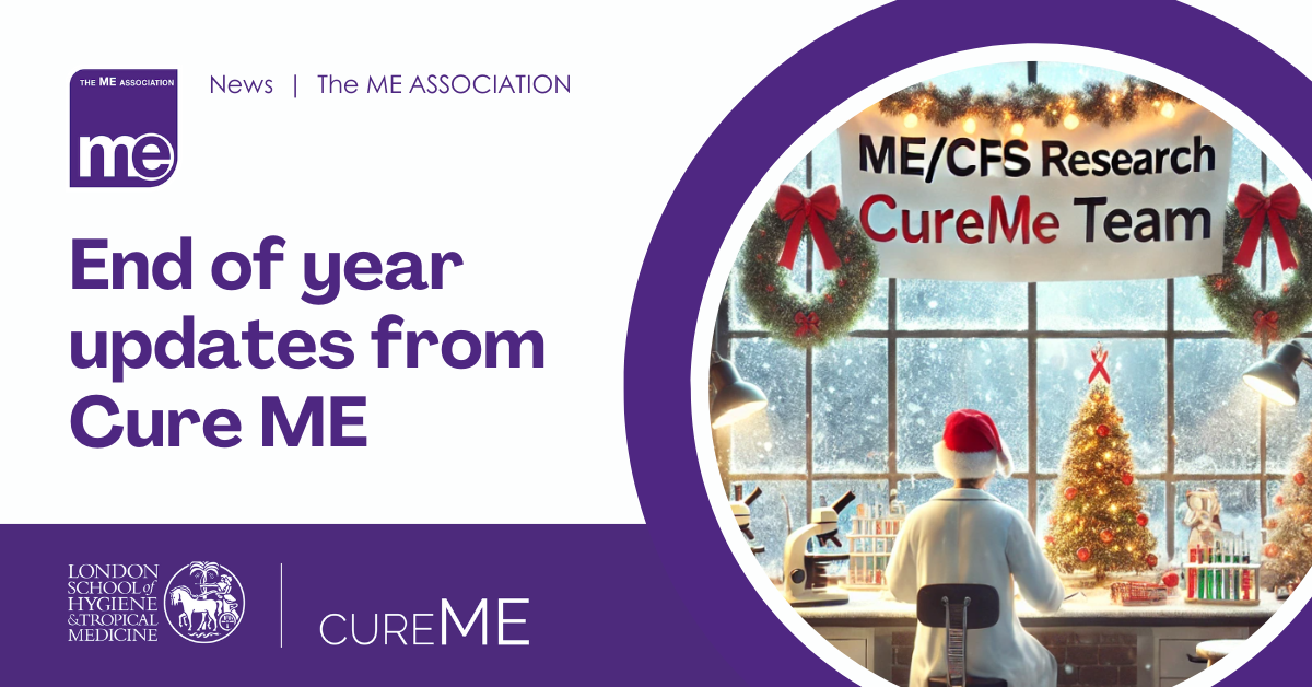 End-of-year updates from Cure ME - with illustration of scientist conductnig ME/CFS research in a laboratory with Christmas decorations