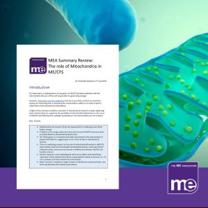 IMAGE DESCRIPTION: An image of mitochondria with the front cover of the research summary. The ME Association Logo (bottom right).