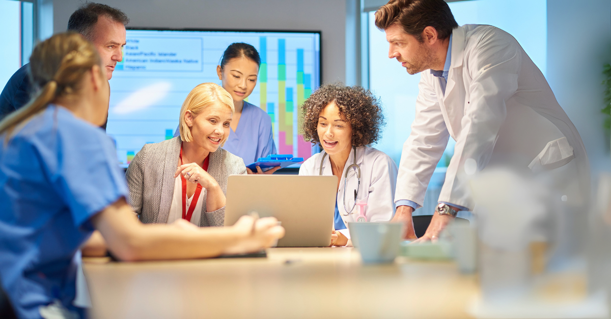 Group of healthcare professionals having a discussion