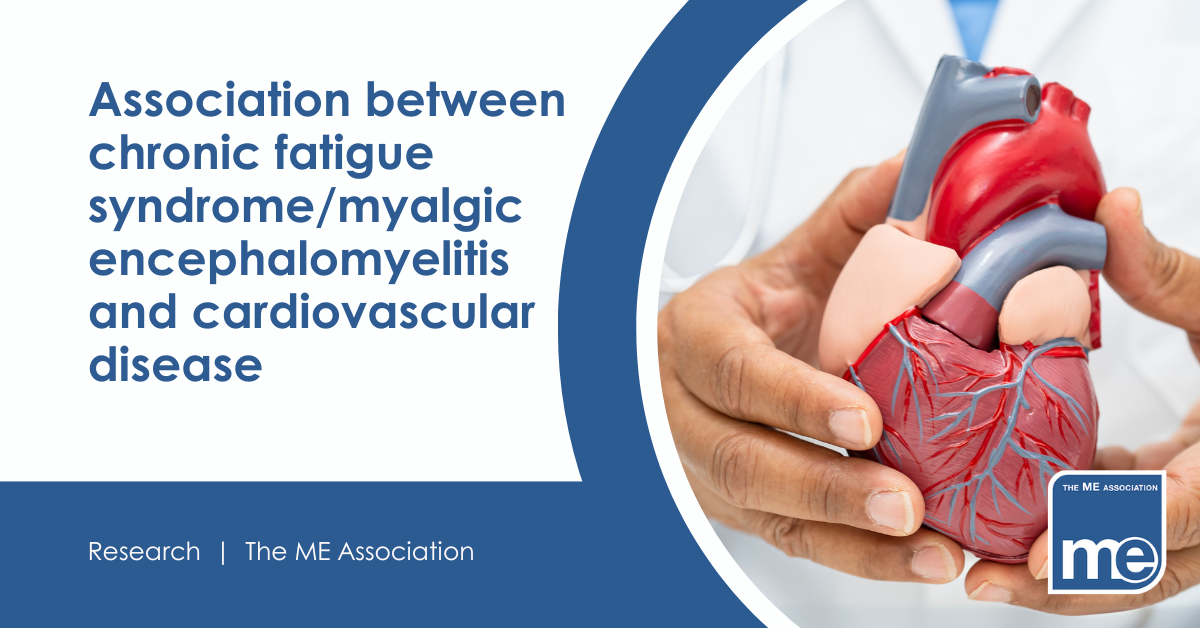 IMAGE DESCRIPTION: Image of a plastic model heart being held by a doctor. Wording - Association between chronic fatigue syndrome/myalgic encephalomyelitis and cardiovascular disease. ME Association logo (bottom right)