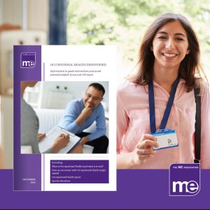 IMAGE DESCRIPTION: An image of a professional doing a home visit to represent an OT. With the cover of the booklet on the lefthand side. The ME Association Logo (bottom right).