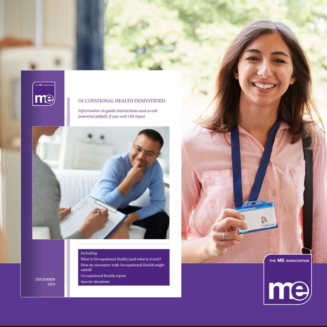 IMAGE DESCRIPTION: An image of a professional doing a home visit to represent an OT. With the cover of the booklet on the lefthand side. The ME Association Logo (bottom right).