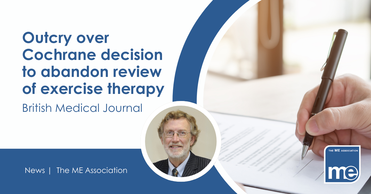 IMAGE DESCRIPTION: Image of someone signing a sheet of paper. Image of Dr Charles Shepherd. Wording - Outcry over Cochrane decision to abandon review of exercise therapy. British Medical Journal.