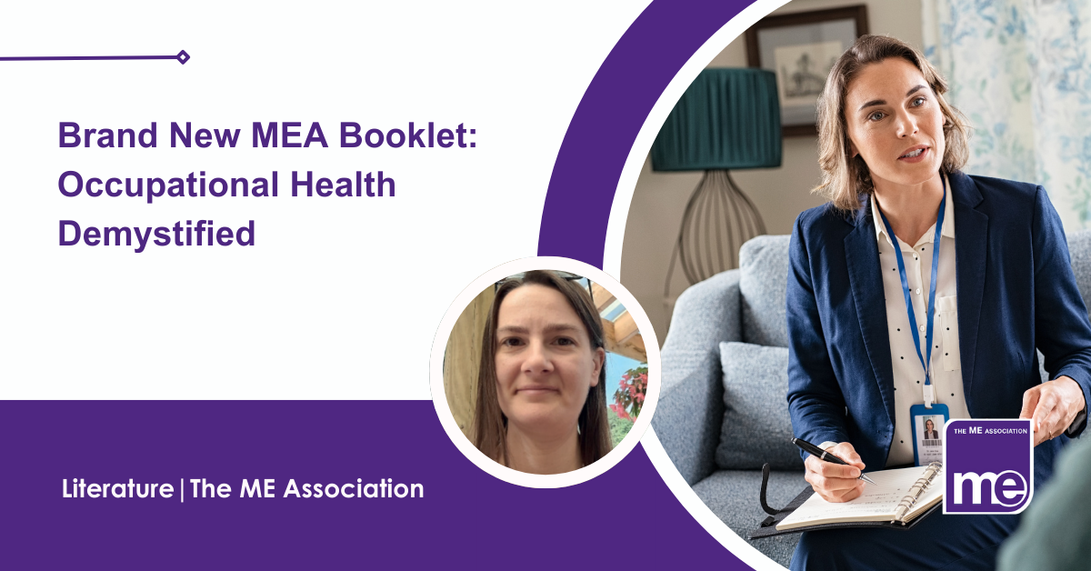 IMAGE DESCRIPTION: A lady visiting someone at home to represent an Occupational Therapist with a circular image of the author of the booklet; Dr Helen L Kröning. The ME Association Logo (bottom right)