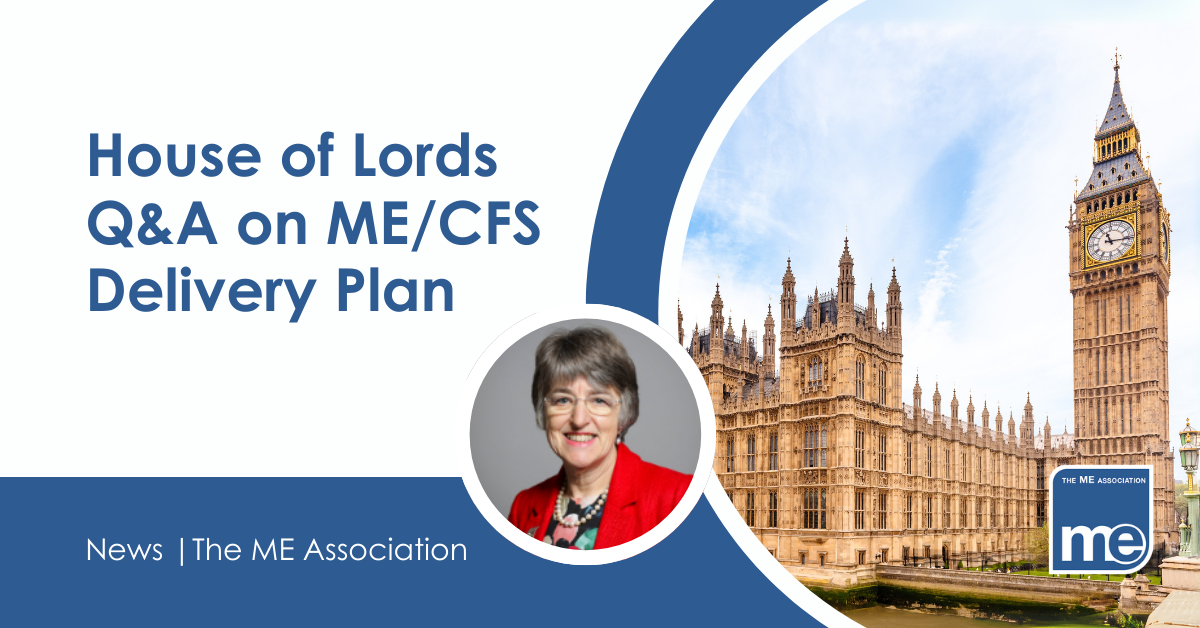 IMAGE DESCRIPTION: Image of the Houses or Parliament. Image of Baroness Finlay of Llandaff Heading - House of Lords Q&A on ME/CFS Delivery Plan