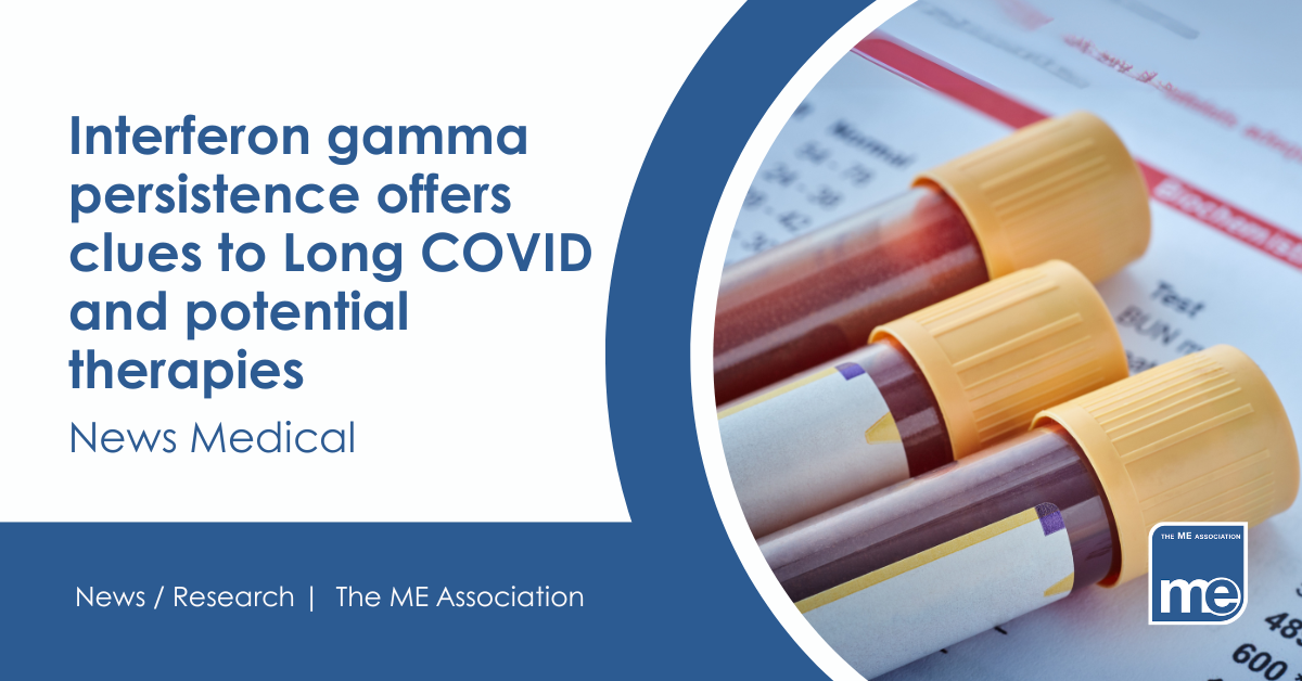 IMAGE DESCRIPTION: Picture of blood vials. Wording - Interferon gamma persistence offers clues to Long COVID and potential therapies. News Medical.
