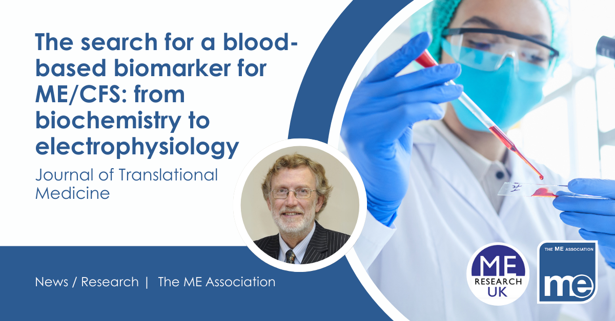 IMAGE DESCRIPTION: Image of a doctor putting blood on a glass slide. Image of Dr Charles Shepherd. Wording - The search for a blood-based biomarker for ME/CFS: from biochemistry to electrophysiology. Journal of Translational Medicine.