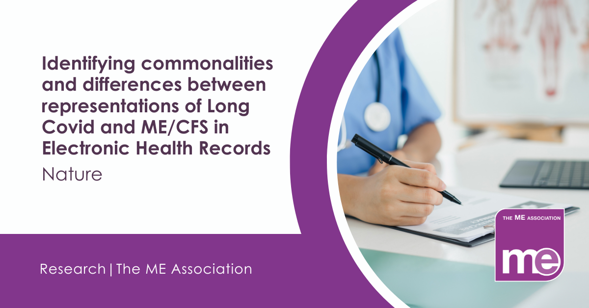 IMAGE DESCRIPTION: Photo of a doctor writing notes while looking at a tablet screen. Wording - Nature: Identifying commonalities and differences between representations of Long Covid and ME/CFS in Electronic Health Records.