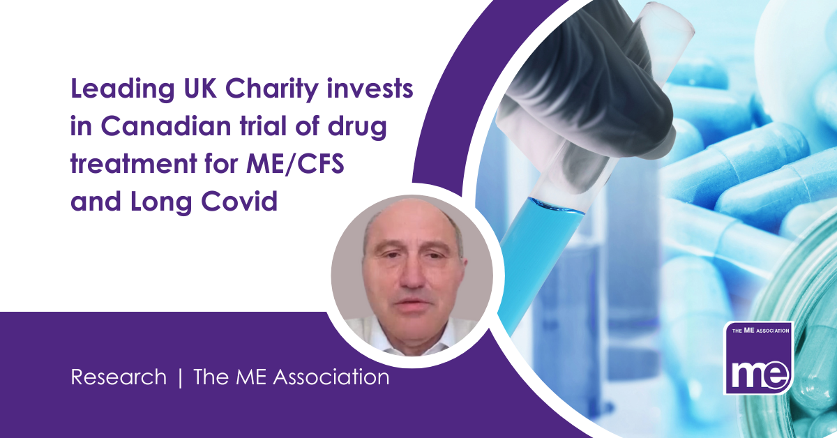 IMAGE DESCRIPTION: Photo of some pipets being handled by a scientist wearing gloves in a lab. Image of Dr Luis Nacul, who is leading the study. Heading - Leading UK Charity invests in Canadian trial of drug treatment for ME/CFS and Long Covid