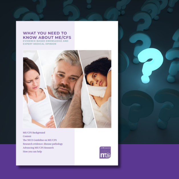 What you need to know about ME/CFS leaflet cover and background showing question marks