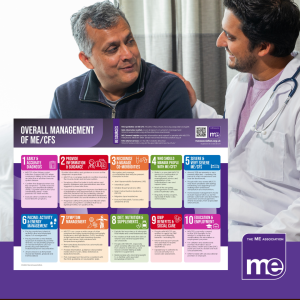 IMAGE DESCRIPTION: An image of a doctor talking to a patient. With an image of the poster on management on the lefthand side. The ME Association Logo (bottom right)