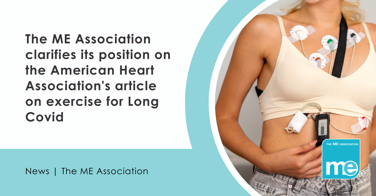 IMAGE DESCRIPTION: Photo of a woman undergoing heart rate monitoring. Heading - The ME Association clarifies its position on the American Heart Association's article on exercise for Long Covid