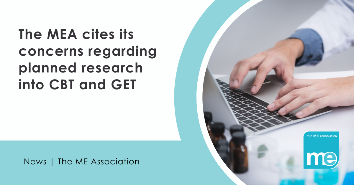 IMAGE DESCRIPTION: Photo of a researcher tying on a laptop. Heading - The MEA cites its concerns regarding planned research into CBT and GET