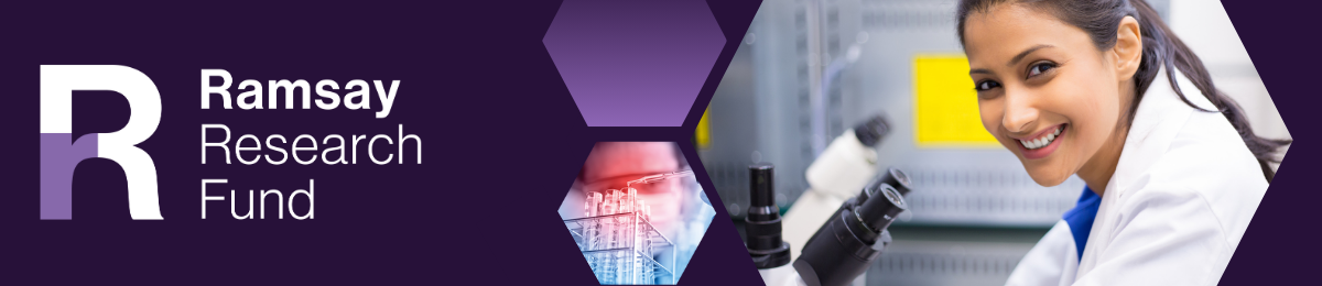 Ramsay Research Fund logo and banner for grant applications, showing scientist with microscope doing research