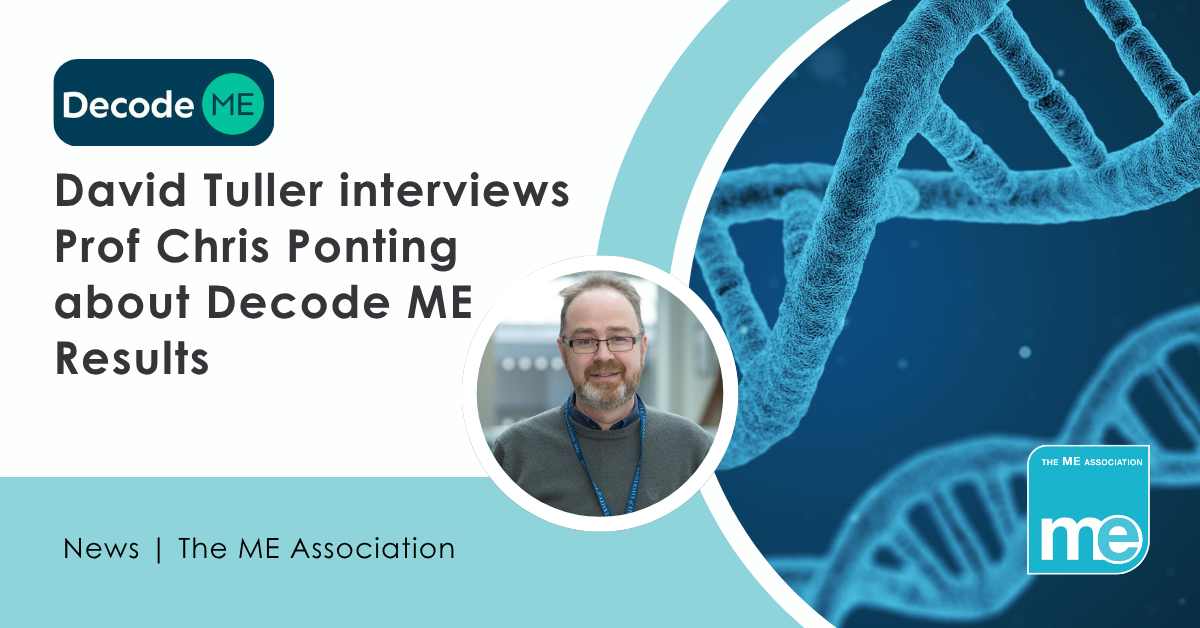 IMAGE DESCRIPTION: Graphic of a DNA Strand. Photo of Prof Chris Ponting. Decode ME Logo. Heading - David Tuller interviews Prof Chris Ponting about Decode ME Results