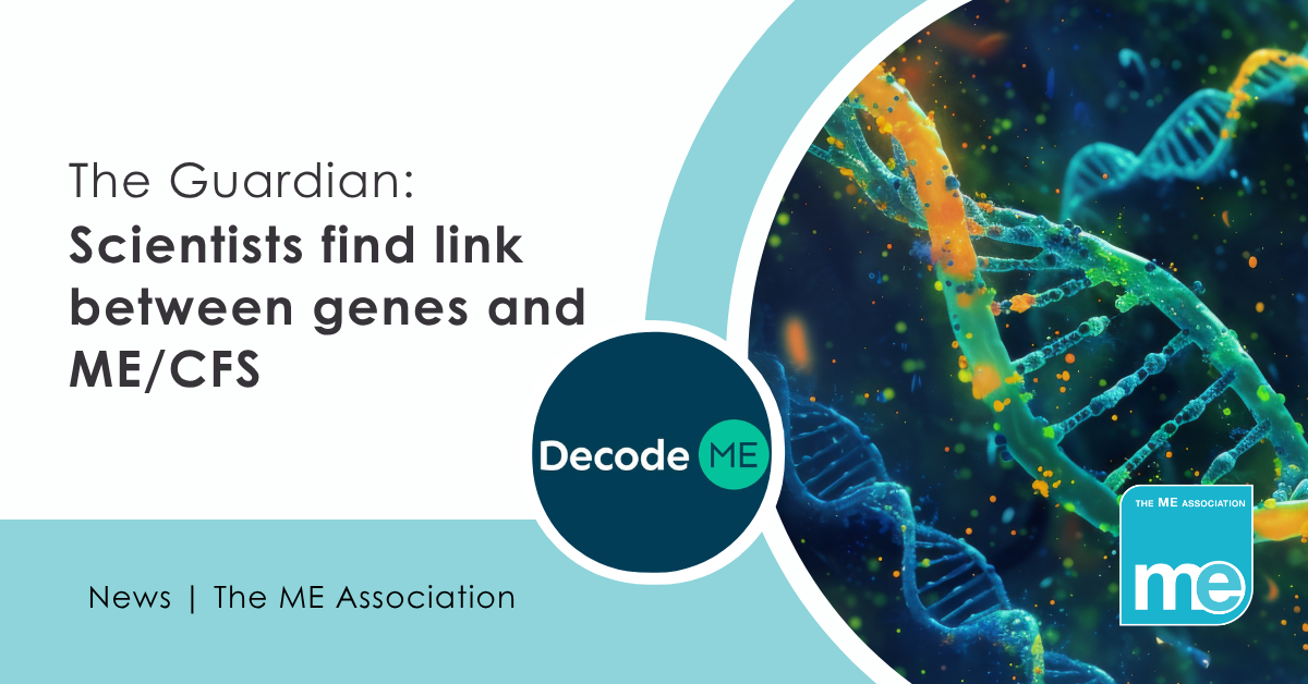 IMAGE DESCRIPTION: Graphic of a DNA strand. Decode ME Logo. Heading - The Guardian: Scientists find link between genes and ME/CFS