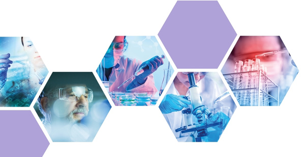 research image with different images of scientists placed in hexagonal pattern