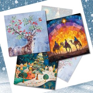 2026 MEA Christmas Cards - shows three designs: a deer with robins, three kings or Christmas tree