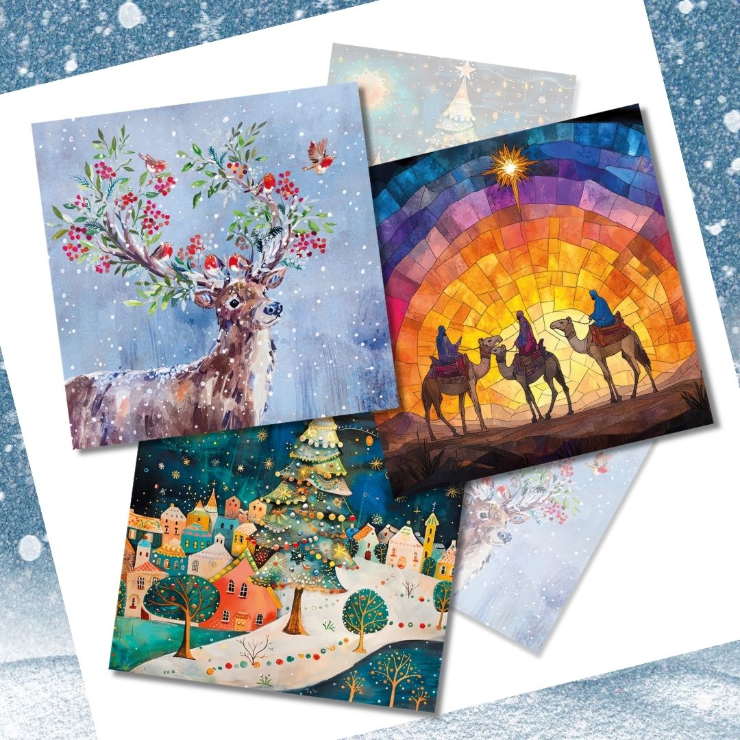 2026 MEA Christmas Cards - shows three designs: a deer with robins, three kings or Christmas tree