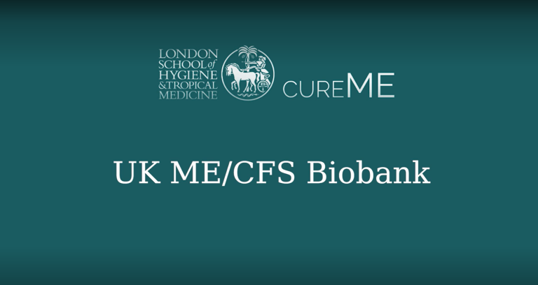 London School of Hygiene and Tropical Medical logo and Cure ME logo with title for video: UK ME/CFS Biobank