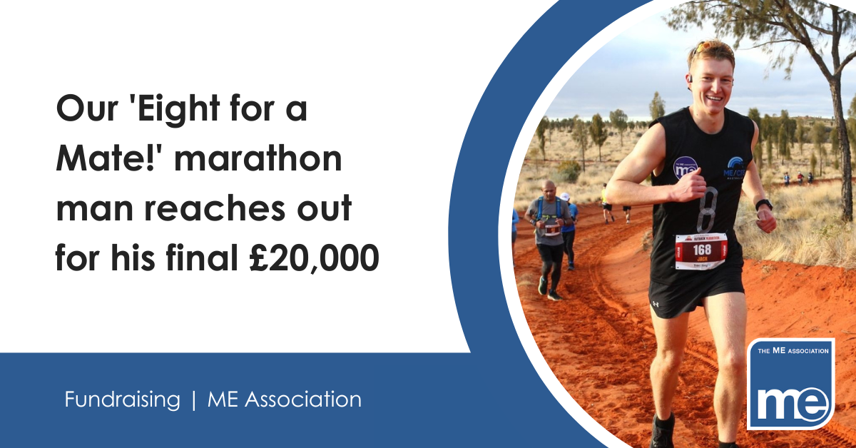 IMAGE DESCRIPTION: Photo of Jack smiling at the camera while running in the Australian outback. Heading - Our 'Eight for a Mate!' marathon man reaches out for his final £20,000