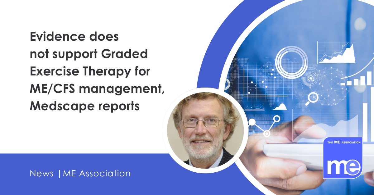 IMAGE DESCRIPTION: An image of a man looking at chart on a tablet device with a circular image of Dr Charles Shepherd (MEA Hon. Medical Adviser). Title: Evidence does not support Graded Exercise Therapy for ME/CFS management, Medscape reports. The ME Association Logo (bottom right).