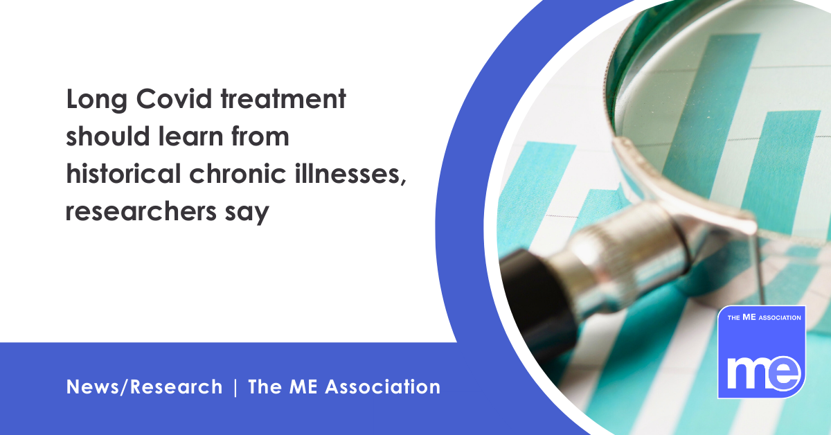 IMAGE DESCRiPTION: An image of data under a microscope. Title: Long Covid treatment should learn from historical chronic illnesses, researchers say. The ME Association Logo (bottom right)